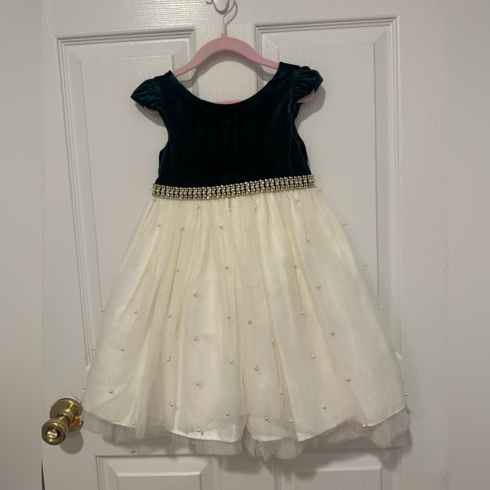 Emerald Velvet & Ivory Pearl Tulle Party Dress